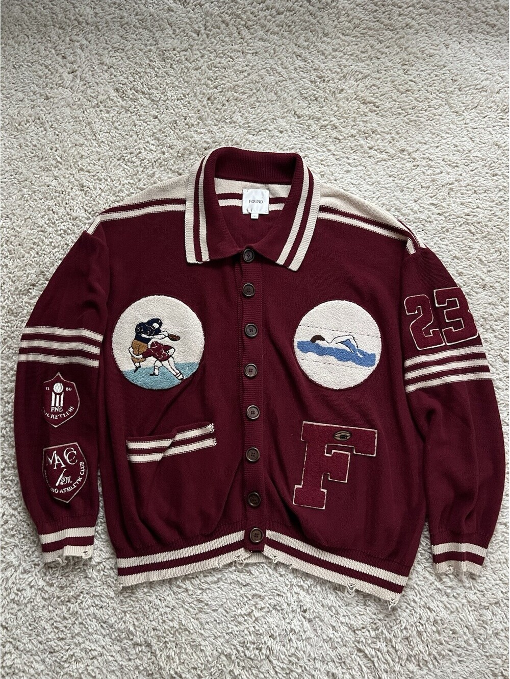 Found Fin Varsity Patch Collared Cardigan Sweater Unisex XXL Deep Red Distressed